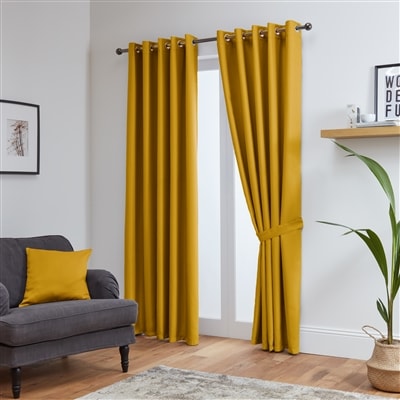 Thermal Blackout Ready Made Eyelet Curtains + Tie Backs (Ochre)