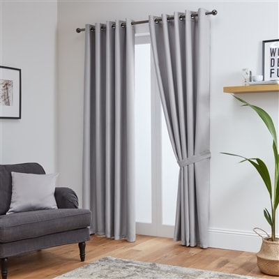 Thermal Blackout Ready Made Eyelet Curtains + Tie Backs (Silver)