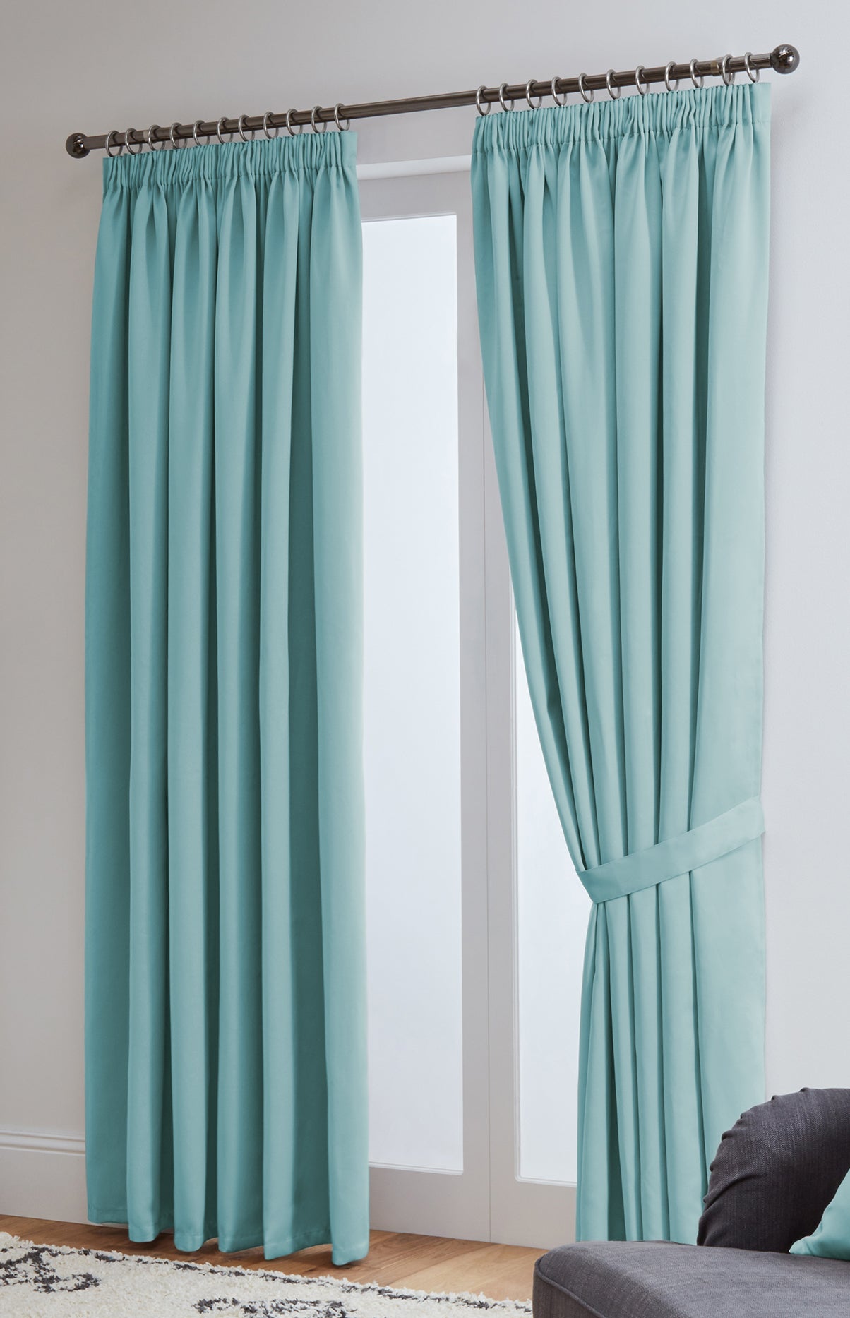 Thermal Blackout Ready Made Pencil Pleat Tape Top Curtains + Tie Backs (Aqua)
