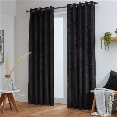 Crushed Velvet Fully Lined Ready Made Eyelet Curtains (Black)