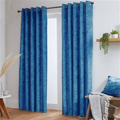 Crushed Velvet Fully Lined Ready Made Eyelet Curtains (Blue)