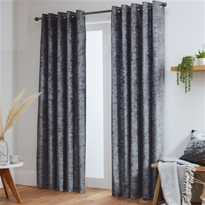 Crushed Velvet Fully Lined Ready Made Eyelet Curtains (Dark Grey)