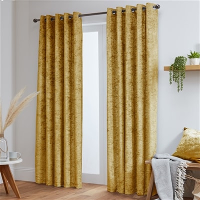 Crushed Velvet Fully Lined Ready Made Eyelet Curtains (Ochre)