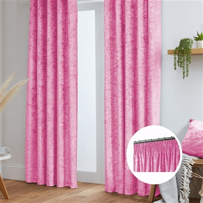 Crushed Velvet Fully Lined Ready Made Tape Top Curtains (Pink)
