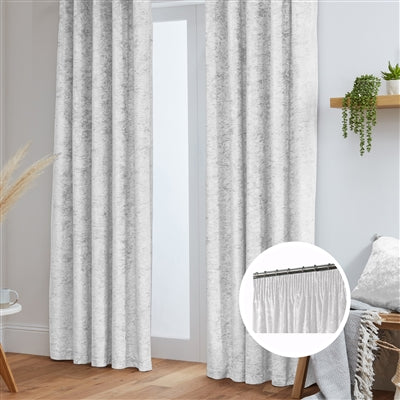 Crushed Velvet Fully Lined Ready Made Tape Top Curtains (White)