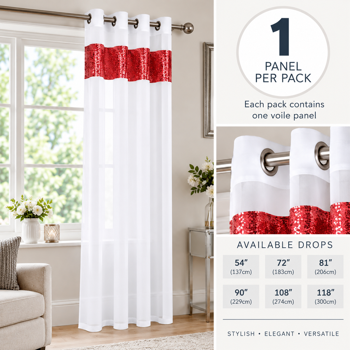 Sparkle Sequin Eyelet Voile Panel (White-Red)