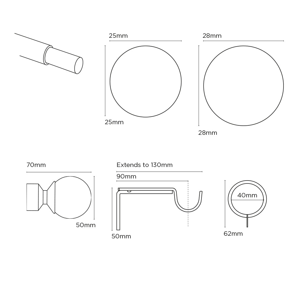 Pristine Extendable Curtain Ball Pole 25-28mm Diameter (Satin Silver, 120-210cm Length)