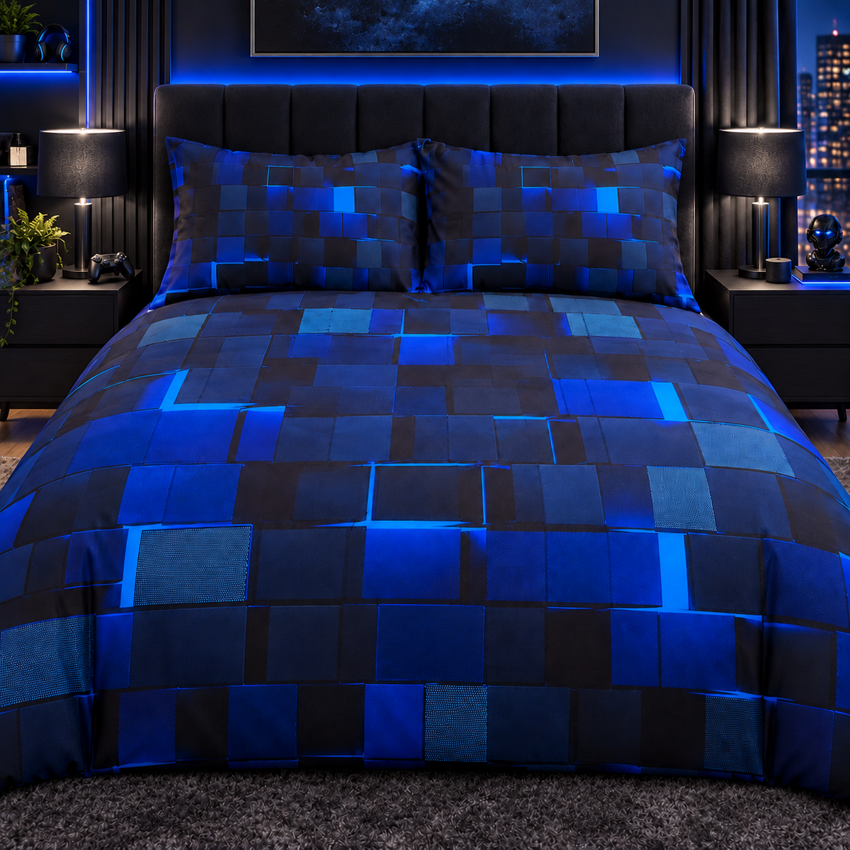 3D Gamer Digital Print Duvet Cover Set (Blue & Black)