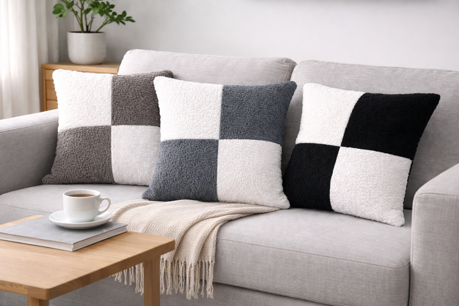 Teddy Fleece Square Check Cushion Covers (Multiple Colours, 45cm x 45cm)