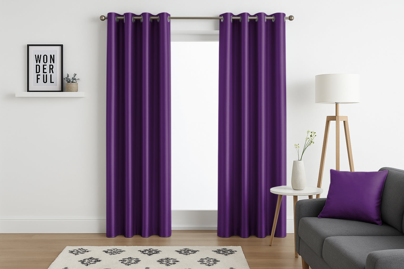 Faux Silk Eyelet Fully Lined Curtains (Aubergine )