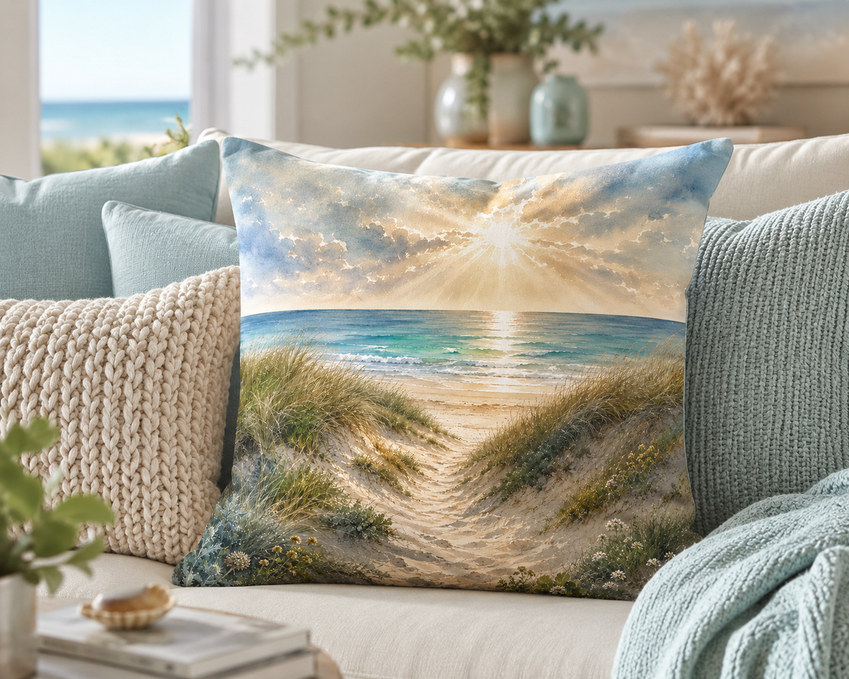 Beach Scene Print Cushion Cover – Coastal Sand Dunes & Sea Design – 18" × 18"