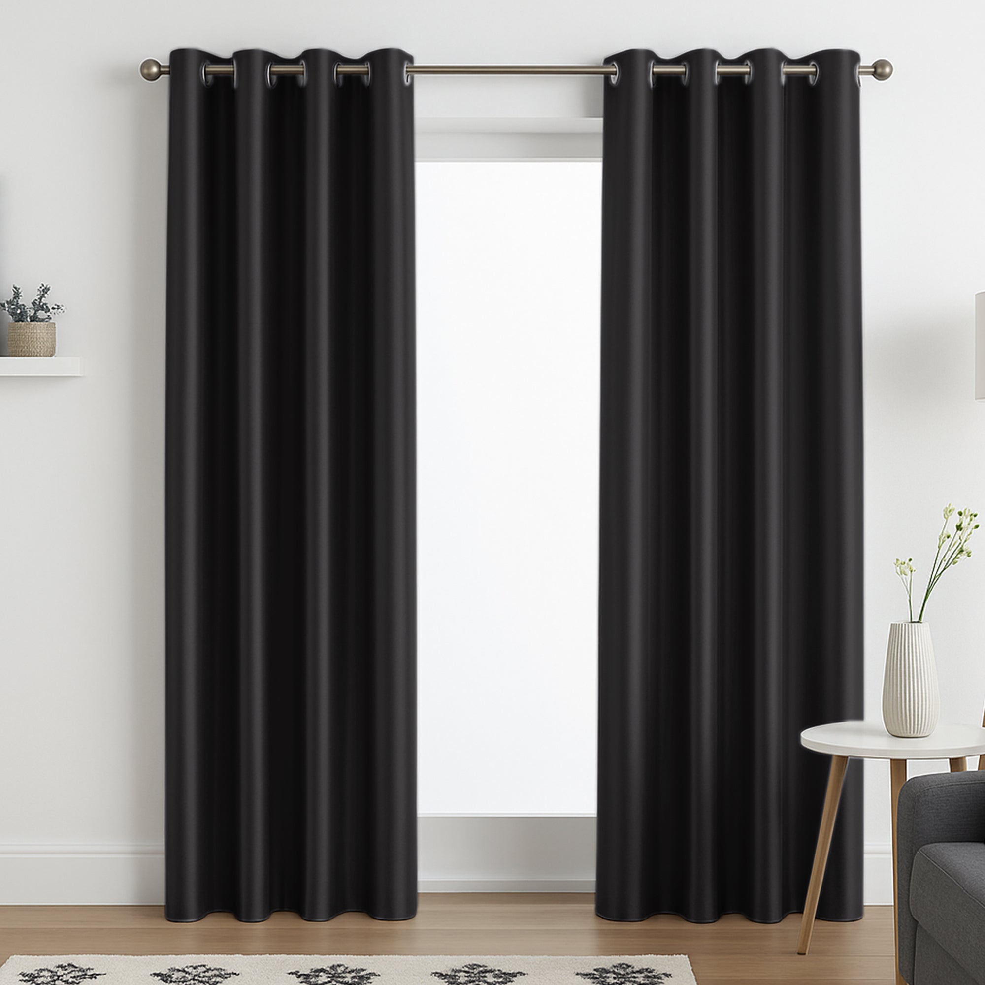 Faux Silk Eyelet Fully Lined Curtains (Black)