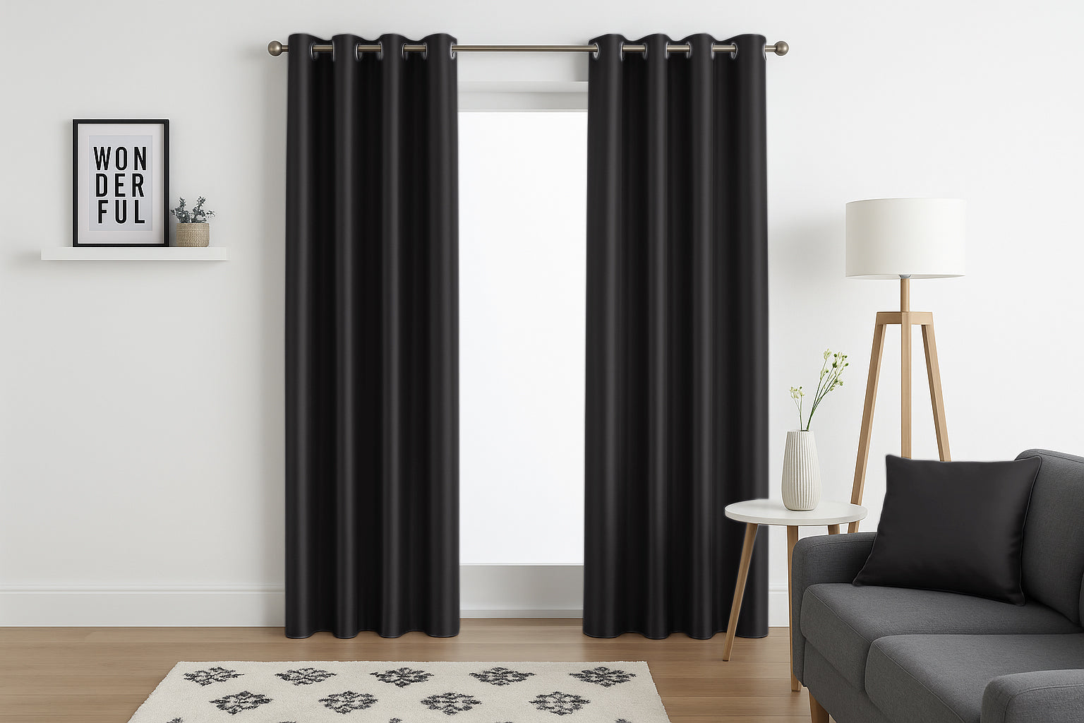 Faux Silk Eyelet Fully Lined Curtains (Black)