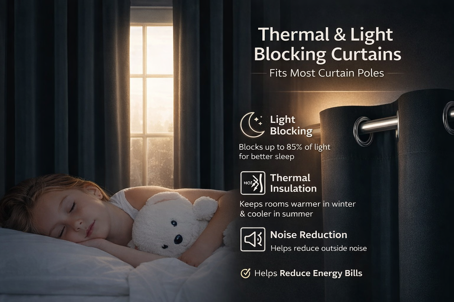 Thermal Blackout Ready Made Eyelet Curtains + Tie Backs (Navy)