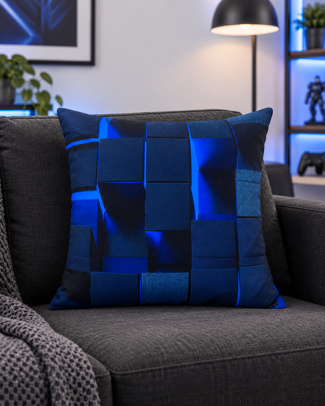 3D Gamer Digital Print Cushion Cover – Blue & Black – 18" × 18"