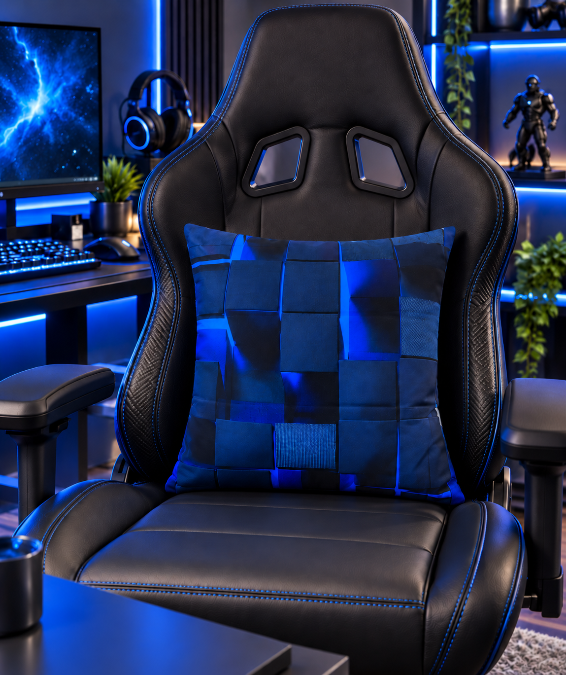 3D Gamer Digital Print Cushion Cover – Blue & Black – 18" × 18"