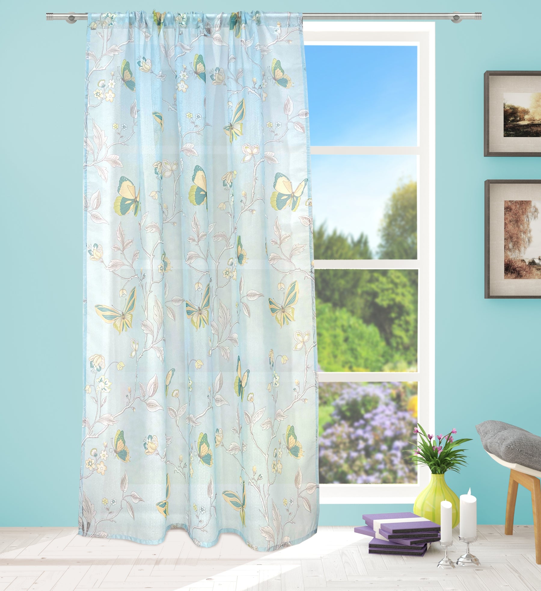 Butterfly Voile Panel With Rod Slot (Blue)