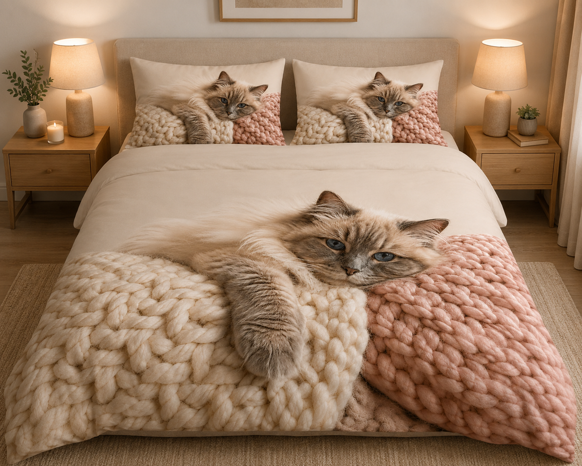 Cat Digital Print Duvet Cover Set (Cream & Blush Pink)