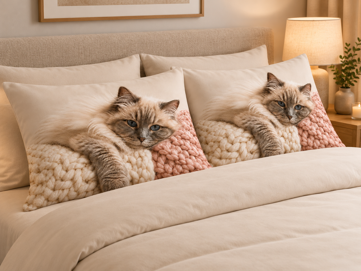 Cat Digital Print Duvet Cover Set (Cream & Blush Pink)