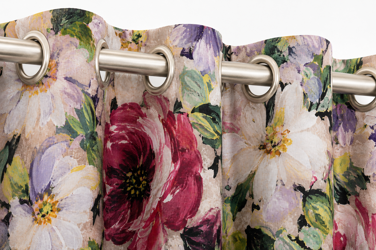 Florence Painterly Floral Thermal Blackout Eyelet Curtains, Ready Made Energy-Saving Dimout Curtain Pair, Pink Burgundy Cream & Lilac, Multiple Sizes