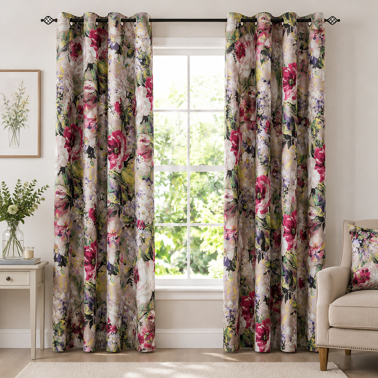 Florence Painterly Floral Thermal Blackout Eyelet Curtains, Ready Made Energy-Saving Dimout Curtain Pair, Pink Burgundy Cream & Lilac, Multiple Sizes