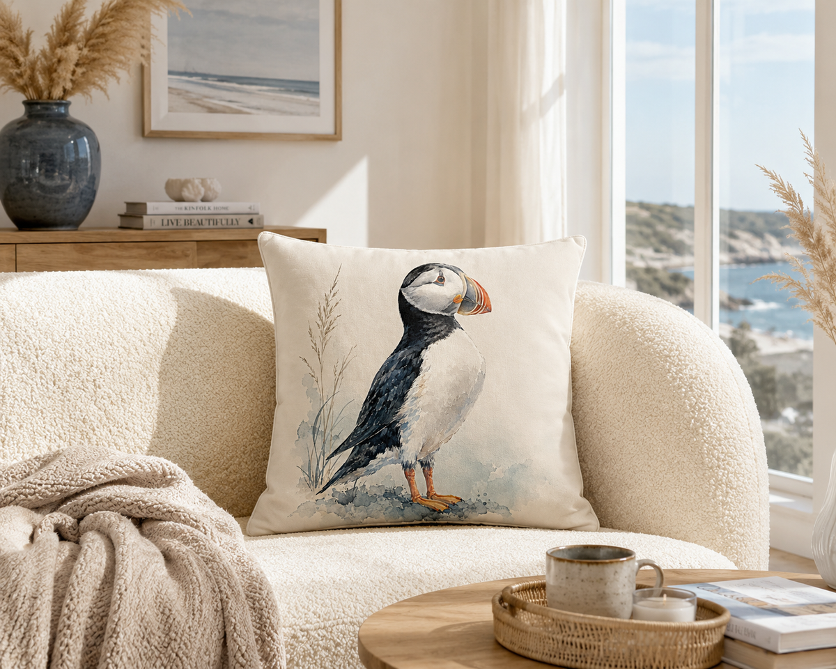 Puffin Print Cushion Cover – Watercolour - Style Coastal Bird Design – Blue & Cream – 18" × 18"