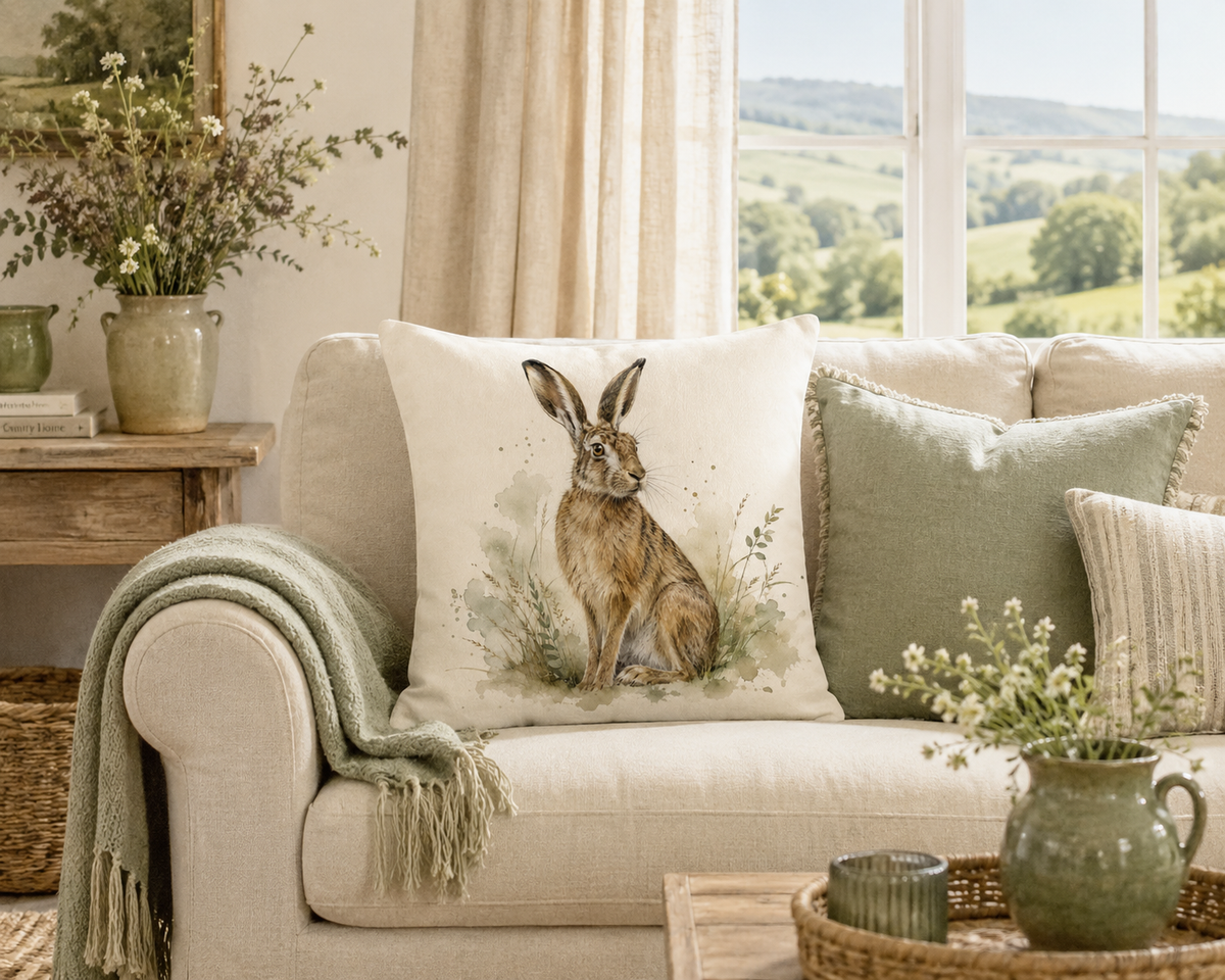 Hare Print Cushion Cover – Watercolour - Style Meadow Wildlife Design – Brown, Sage & Cream – 18" × 18"