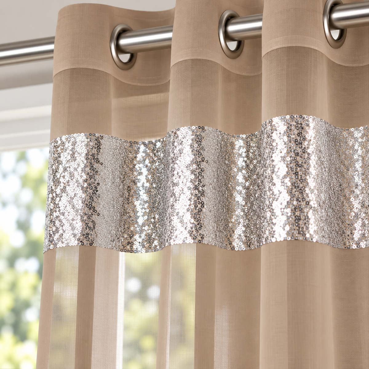 Sparkle Sequin Eyelet Voile Panel (Mocha)