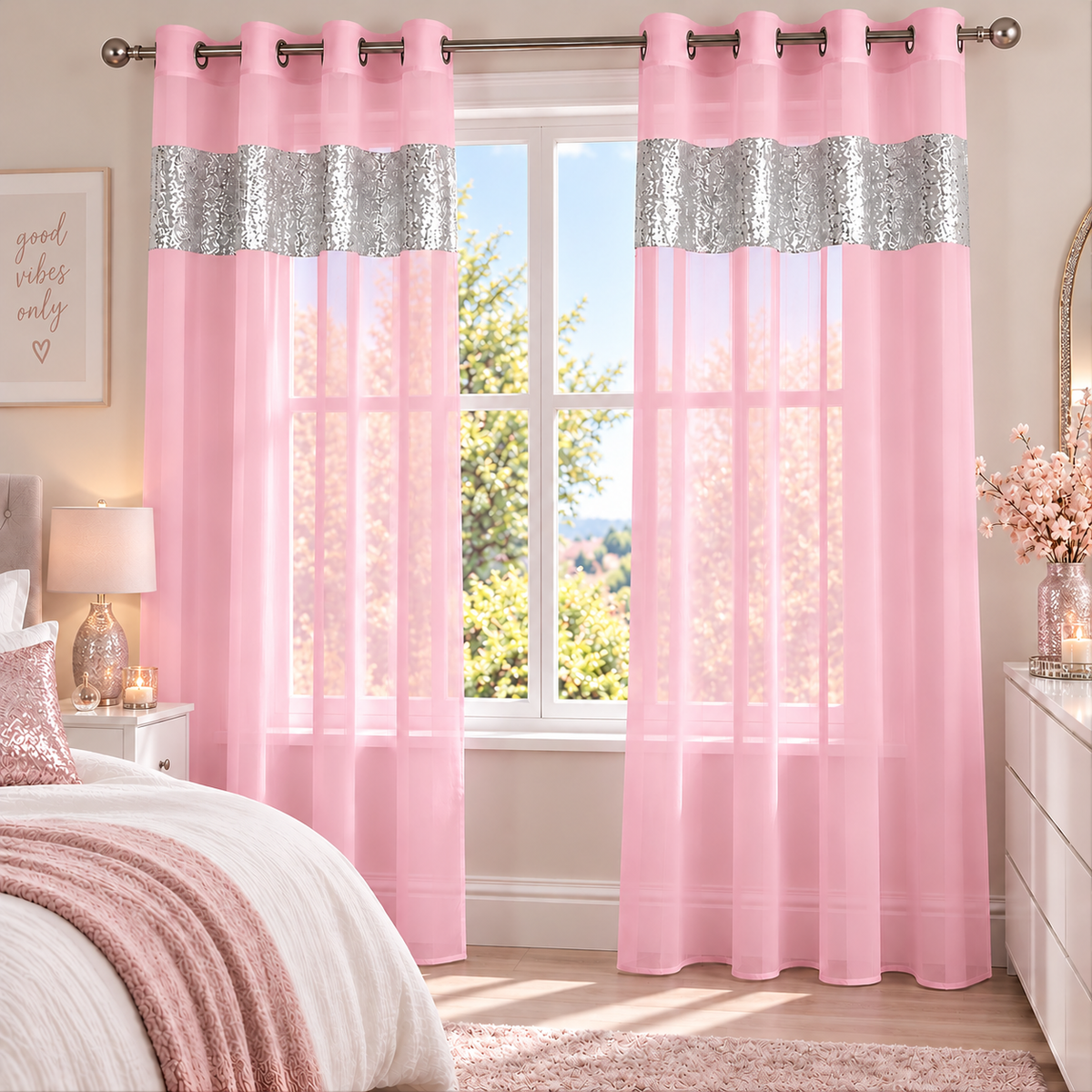 Sparkle Sequin Eyelet Voile Panel (Pink)