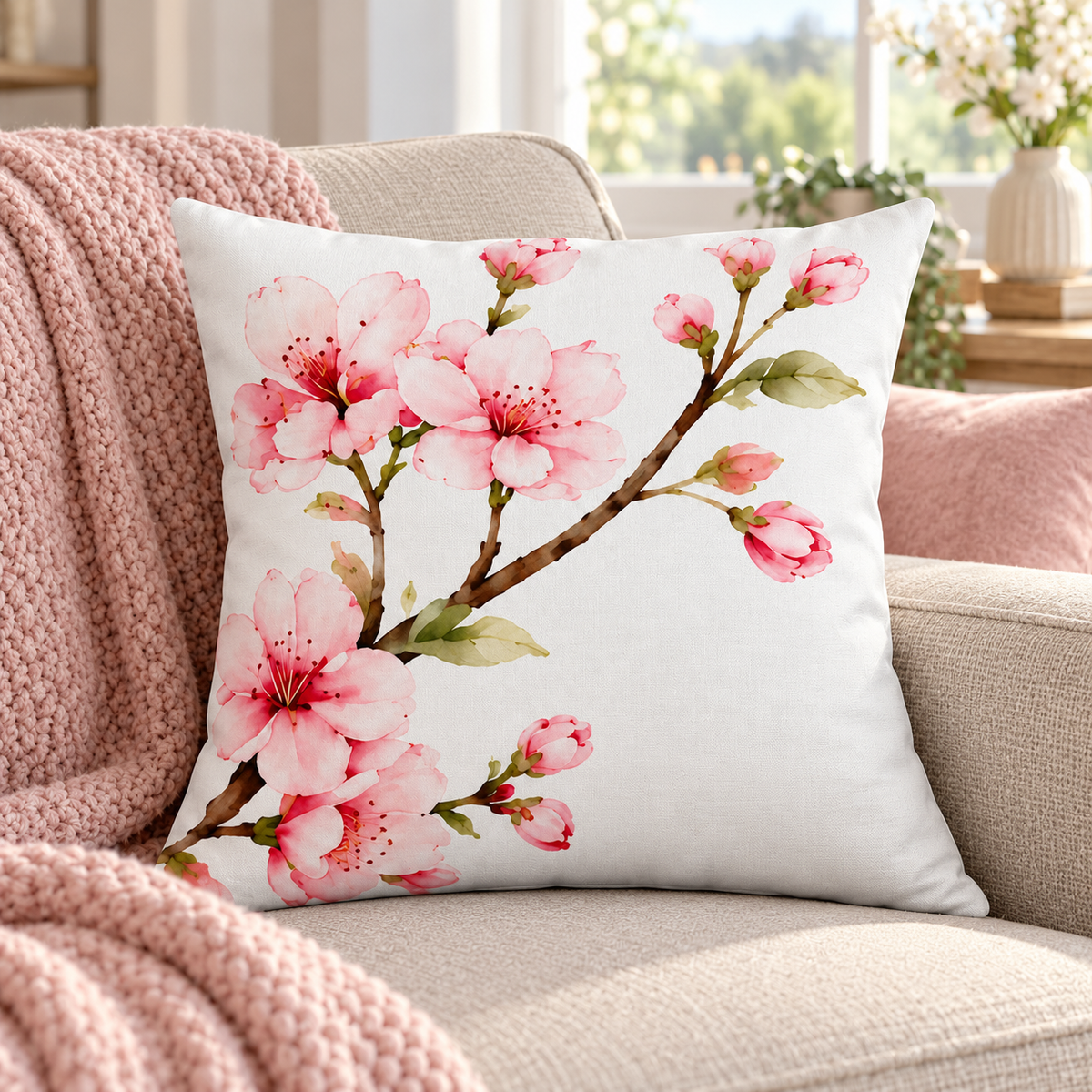 Cherry Blossom Print Cushion Cover – Pink & White Watercolour - Style Floral Design – 18" × 18"