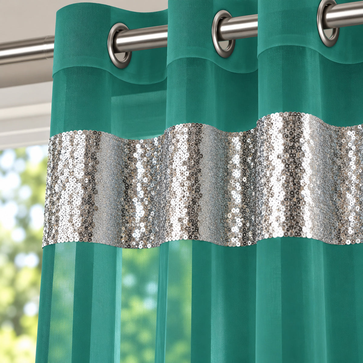 Sparkle Sequin Eyelet Voile Panel (Teal)