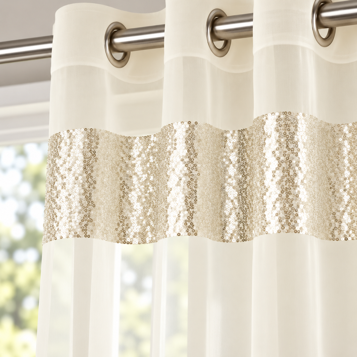 Sparkle Sequin Eyelet Voile Panel (Cream-Gold)