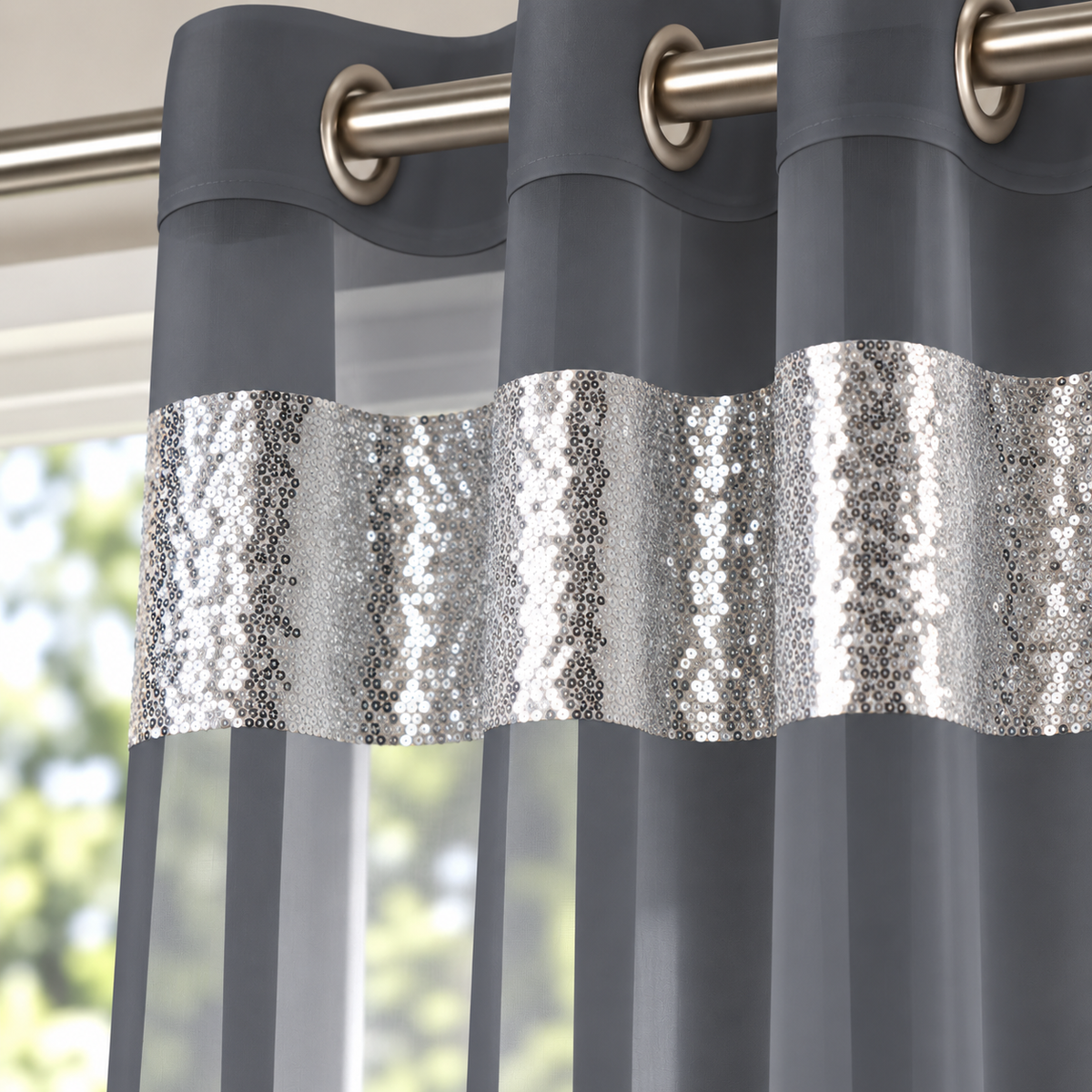 Sparkle Sequin Eyelet Voile Panel (Grey)