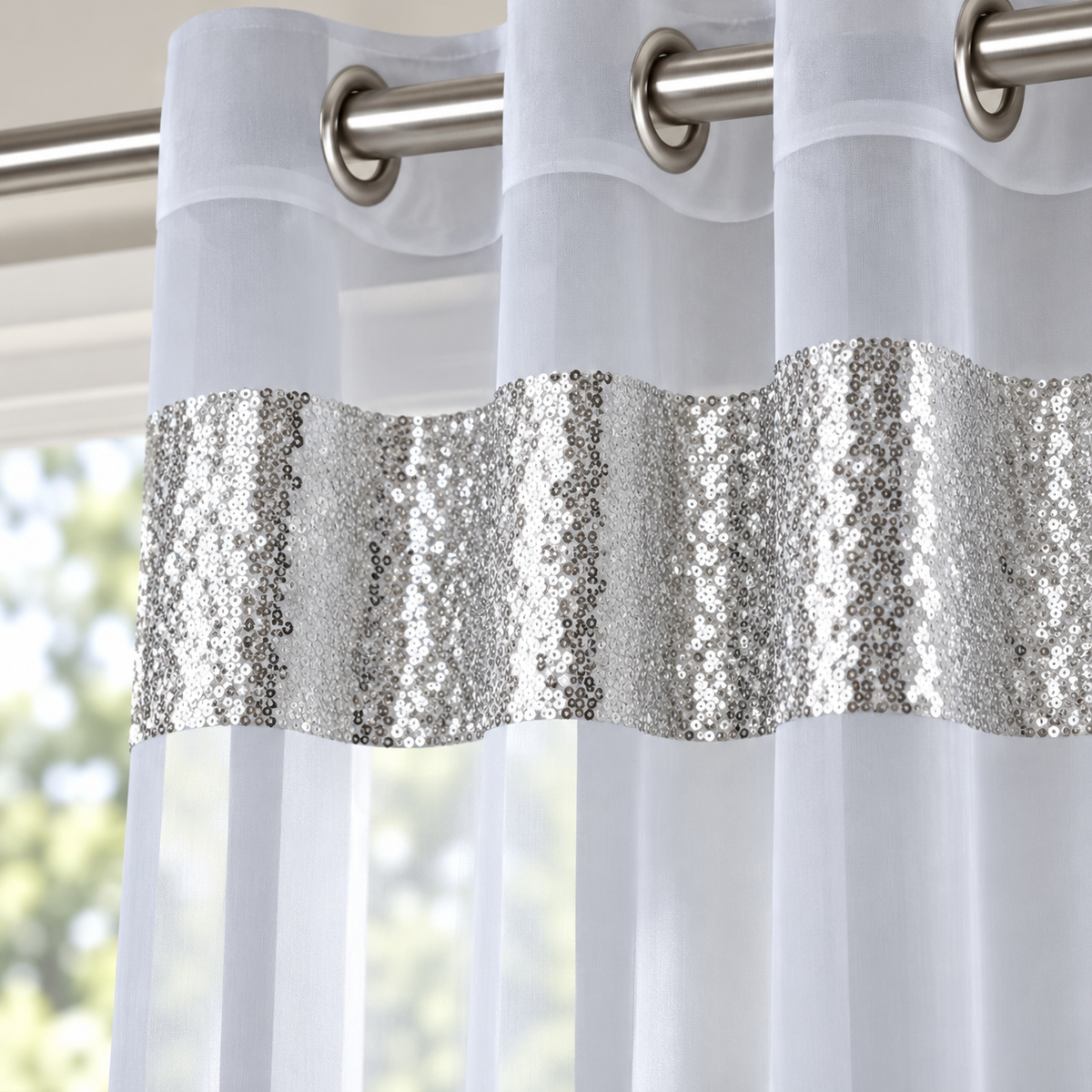 Sparkle Sequin Eyelet Voile Panel (Silver)