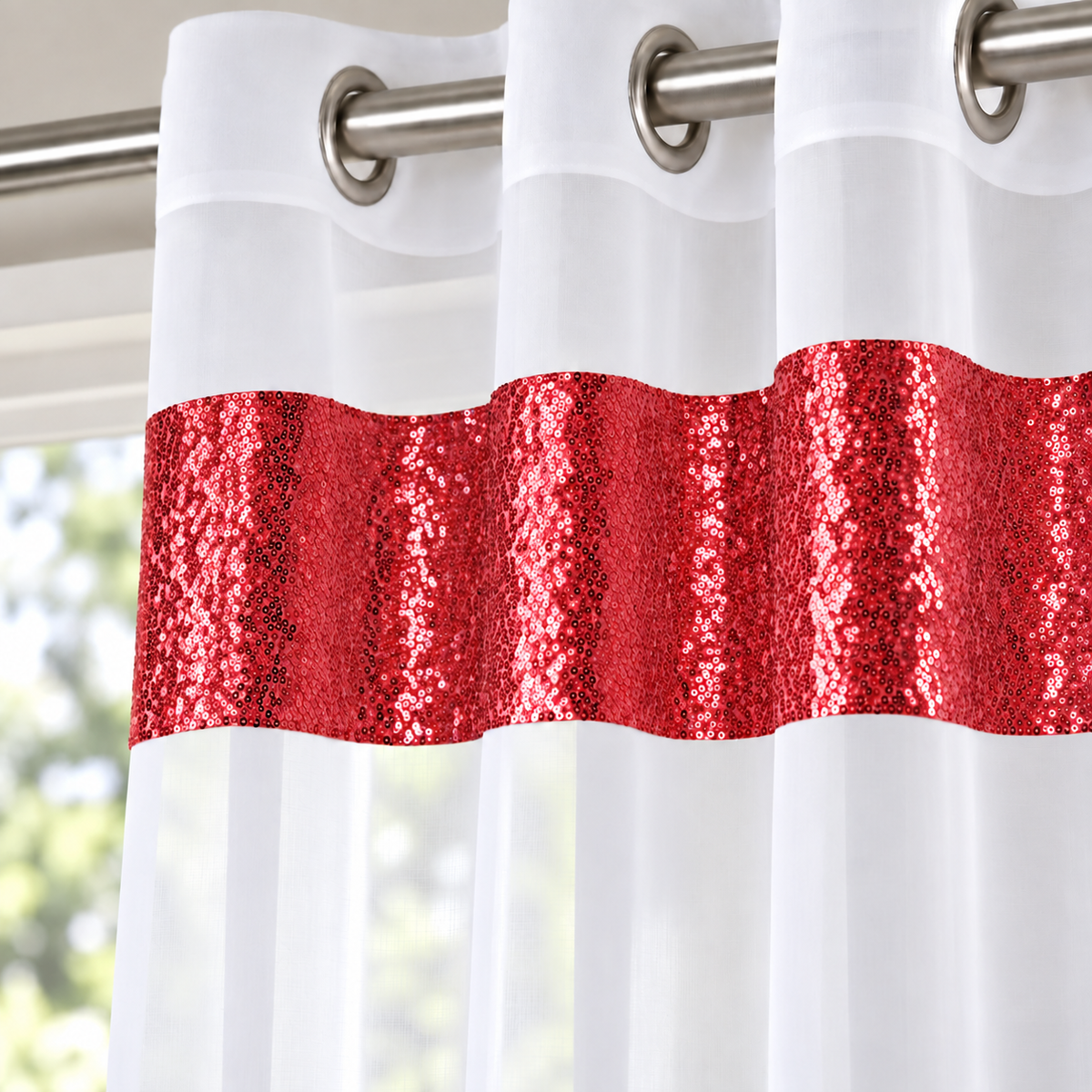 Sparkle Sequin Eyelet Voile Panel (White-Red)