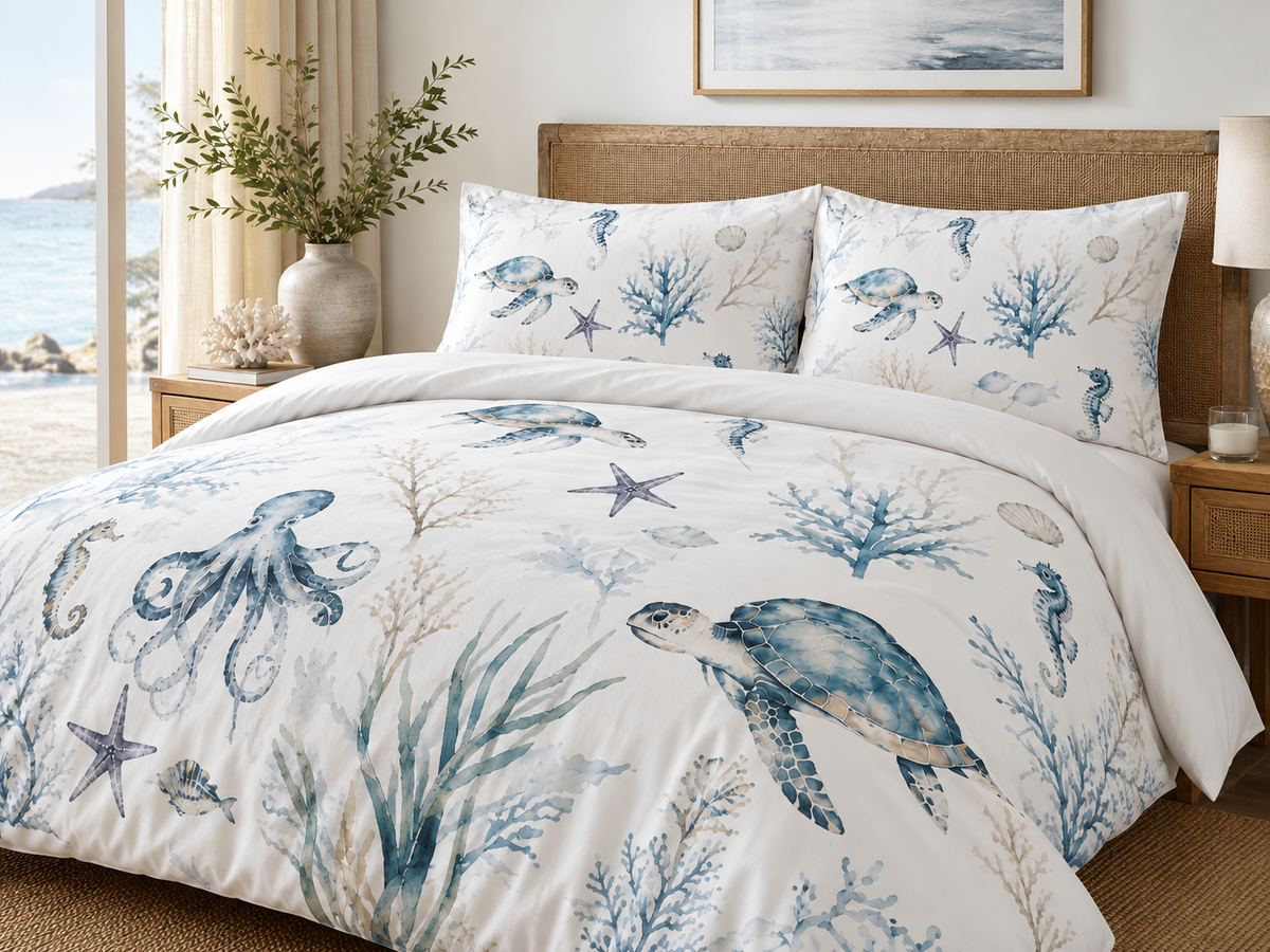 Coastal Digital Print Duvet Cover Set (Blue & White Marine Design)