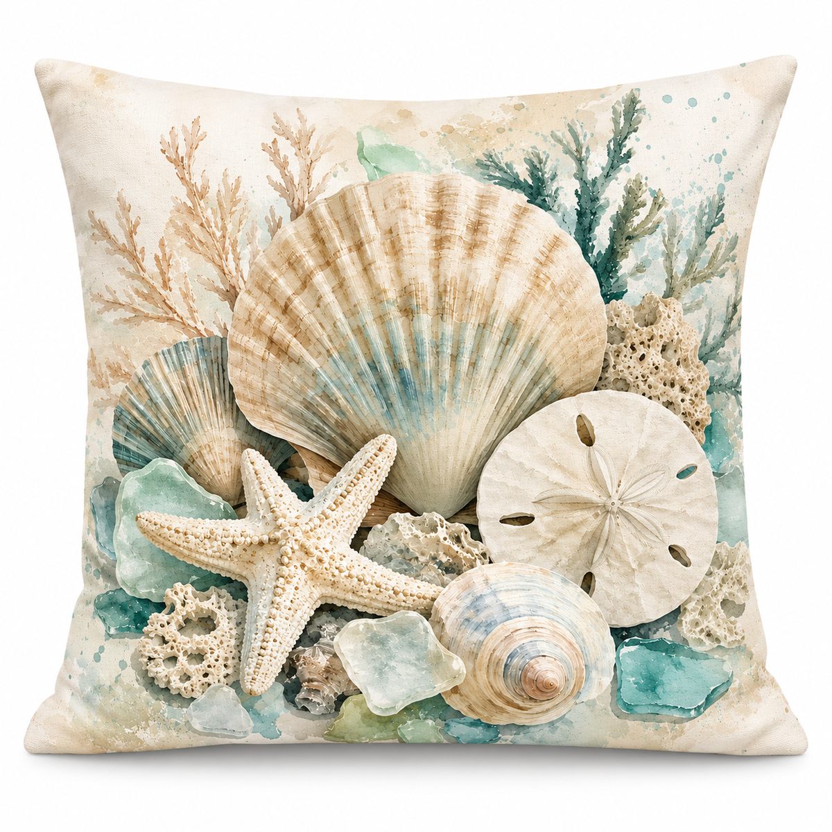 Coastal Shells Print Cushion Cover – Watercolour - Style Seashell & Starfish Design – Aqua & Cream – 18" × 18"