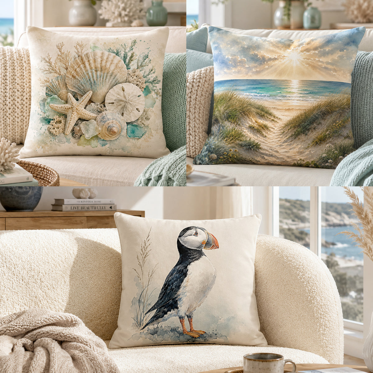 Beach Scene Print Cushion Cover – Coastal Sand Dunes & Sea Design – 18" × 18"