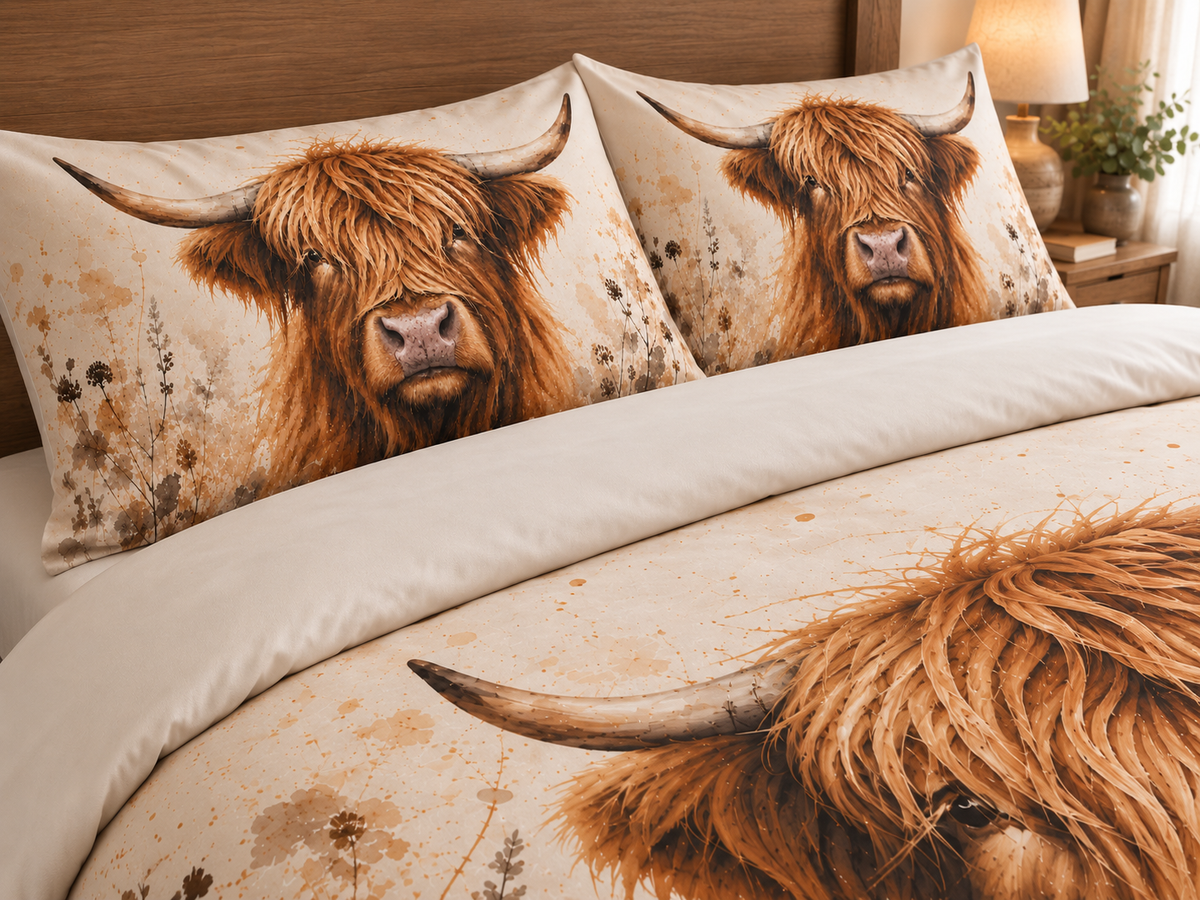 Highland Cow Digital Print Duvet Cover Set (Browns & Cream)