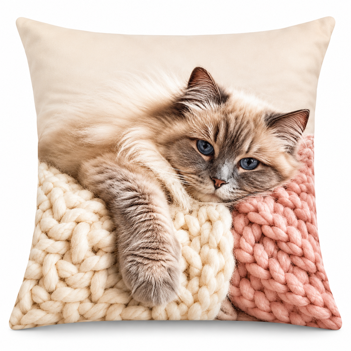Cat Print Cushion Cover – Cosy Ragdoll Cat Design – Cream & Blush Pink – 18" × 18"