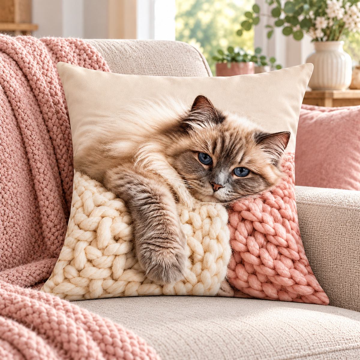 Cat Print Cushion Cover – Cosy Ragdoll Cat Design – Cream & Blush Pink – 18" × 18"