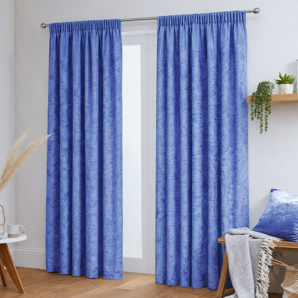 Crushed Velvet Fully Lined Ready Made Tape Top Curtains (Blue)