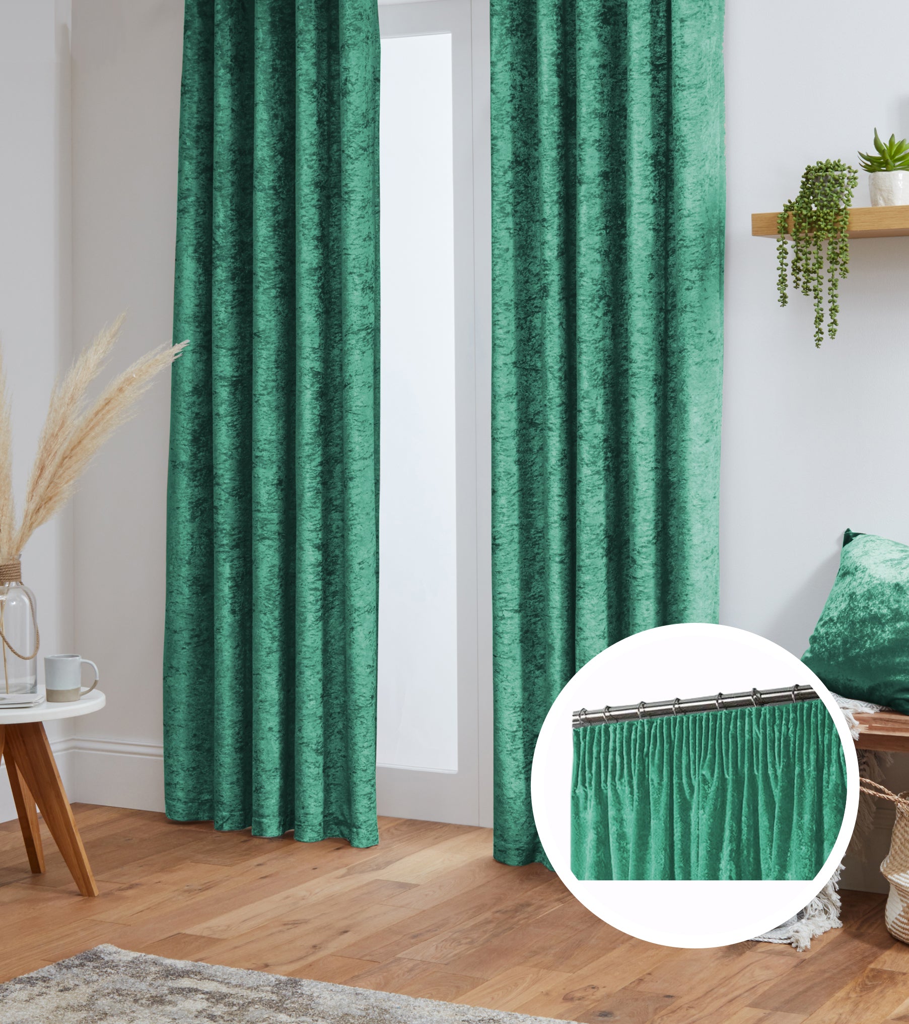 Crushed Velvet Fully Lined Ready Made Tape Top Curtains (Emerald Green)