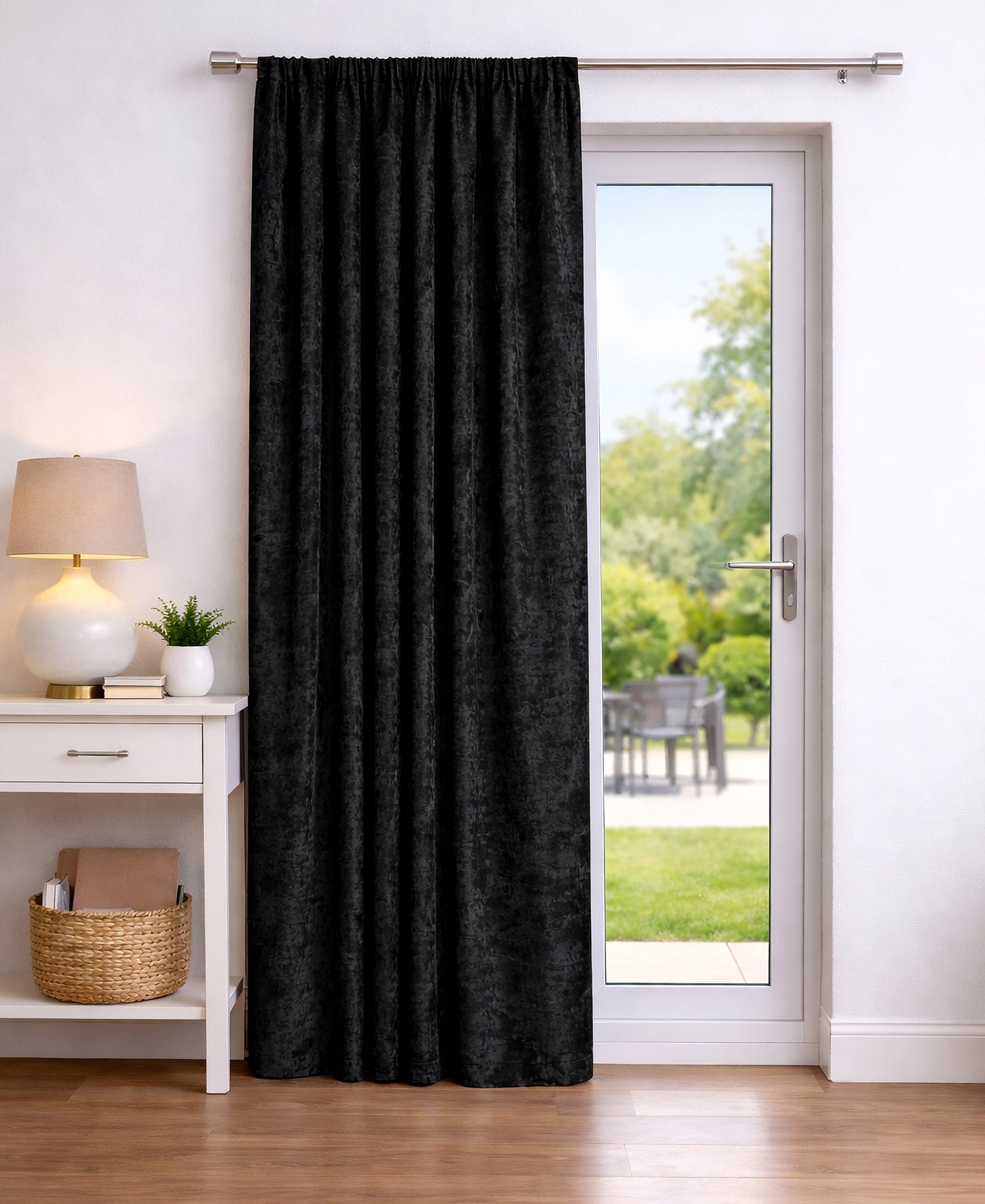 Crushed Velvet Fully Lined Ready Made Pencil Pleat Curtains (Black)