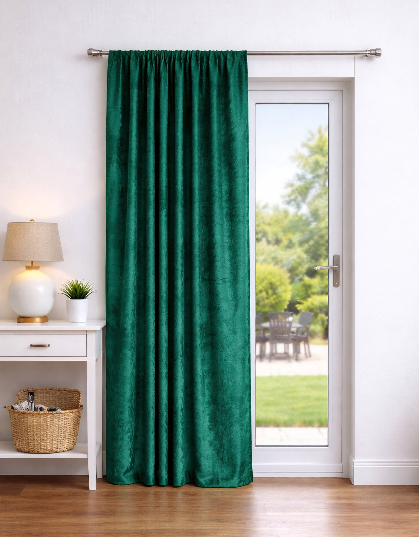 Crushed Velvet Fully Lined Ready Made Pencil Pleat Curtains (Emerald Green)