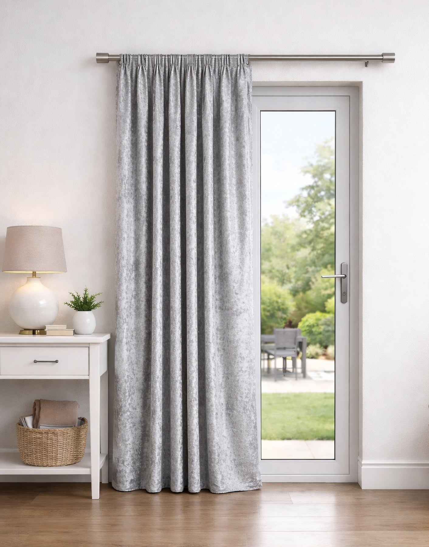 Crushed Velvet Fully Lined Ready Made Pencil Pleat Curtains (Silver)