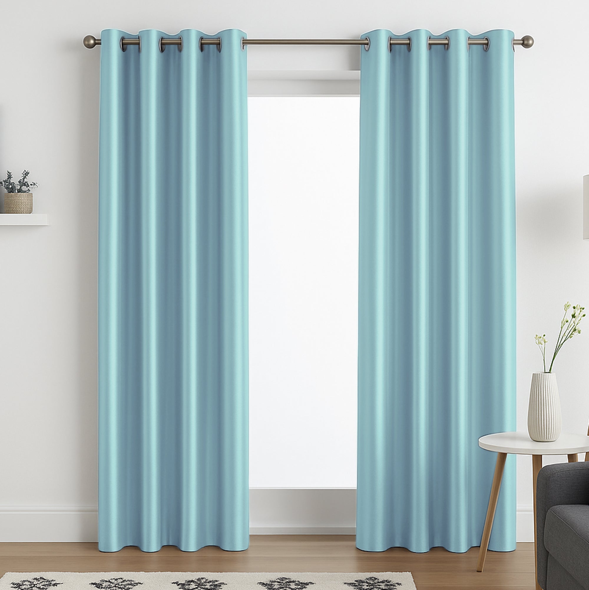 Faux Silk Eyelet Fully Lined Curtains (Duck Egg)