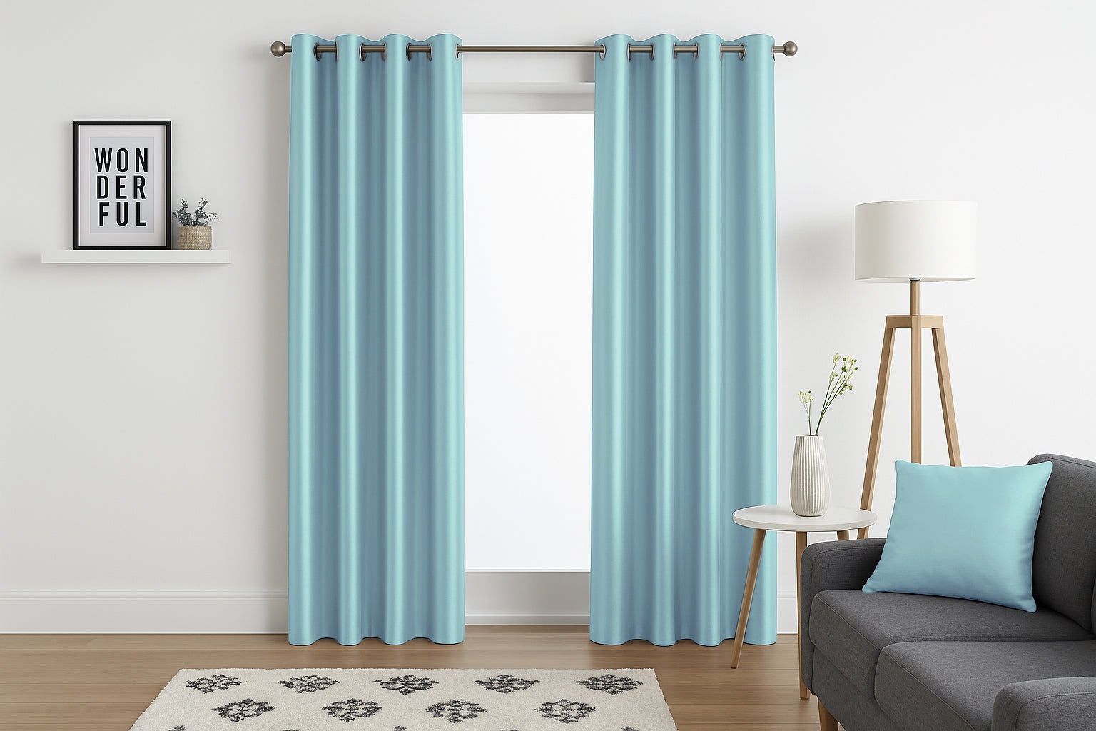 Faux Silk Eyelet Fully Lined Curtains (Duck Egg)