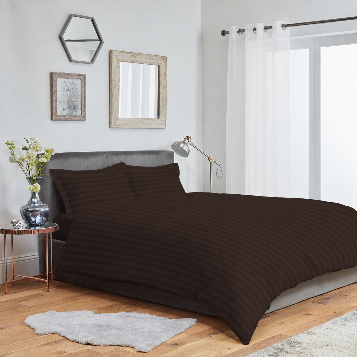 Striped Duvet Cover Bedding Set With Pillowcase (Chocolate)