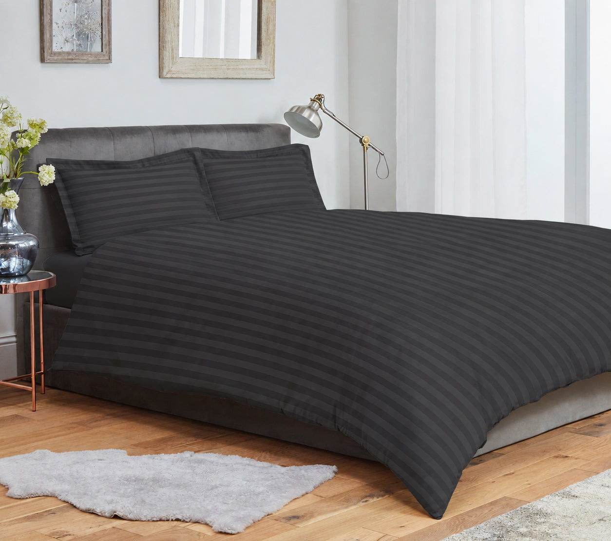 Striped Duvet Cover Bedding Set With Pillowcase (Grey)